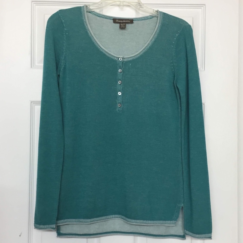 Tommy Bahama Oversized Loose Teal Lightweight Cotton Sweater Stitching Sz XS